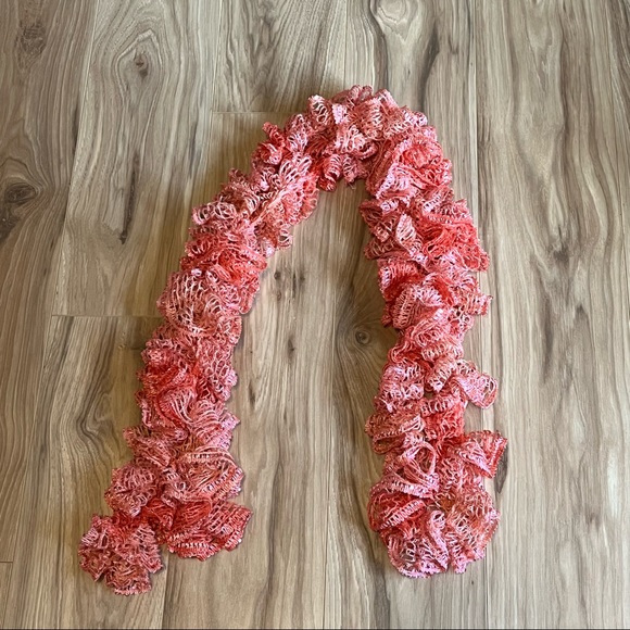 New Handmade Crochet Coral Colored Sequined Twirly Scarf 76” Long - Picture 4 of 14